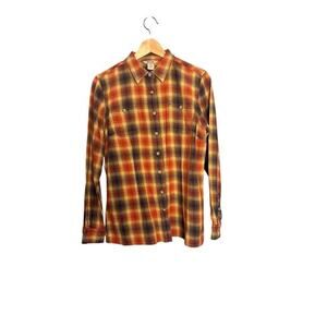 Duluth Trading Shirt Womens M Gold Orange Plaid Flannel Outdoors Free‎ Swinging